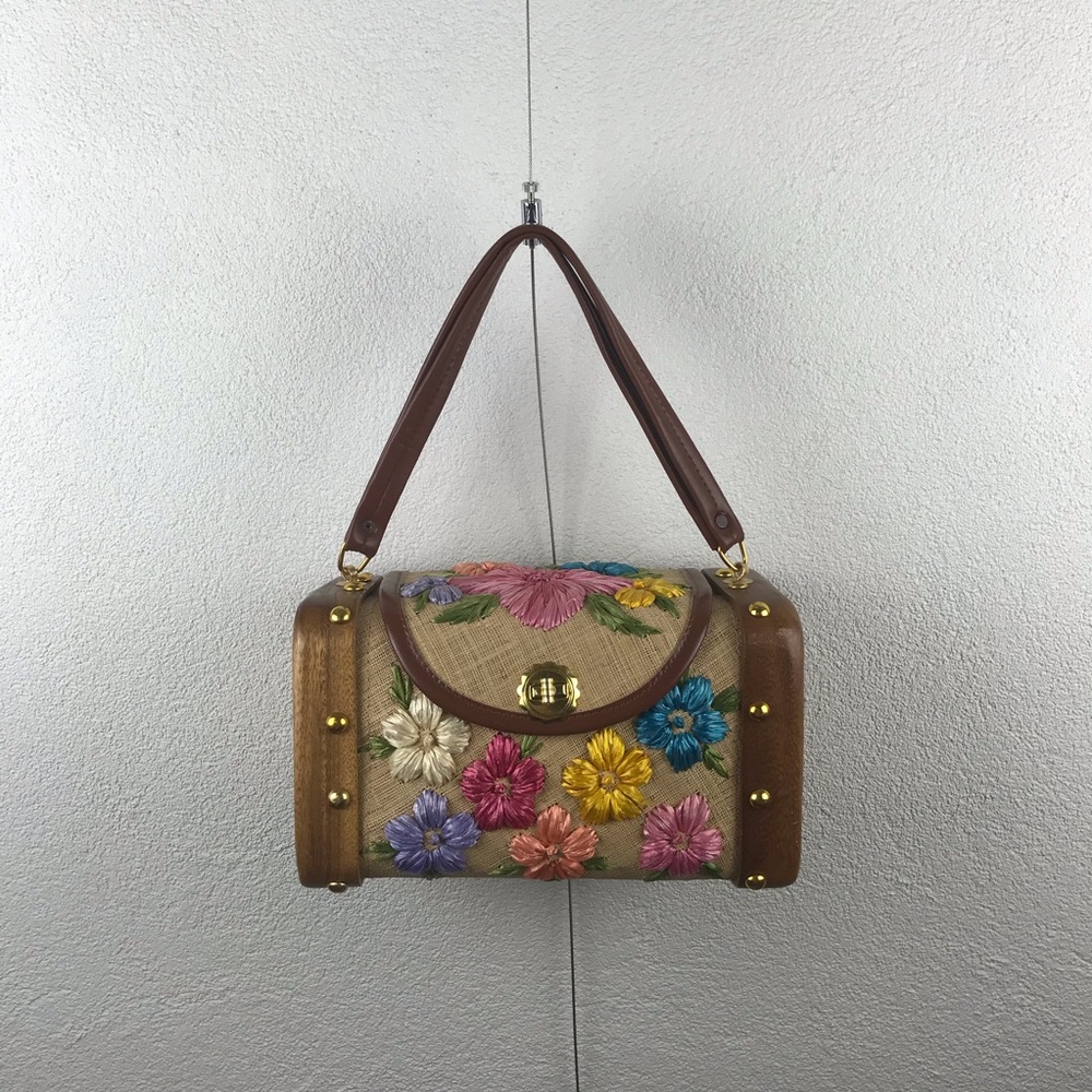 Vintage l 60s Tropical Raffia Straw Floral Tiki Pinup Rockabilly Handbag Purse